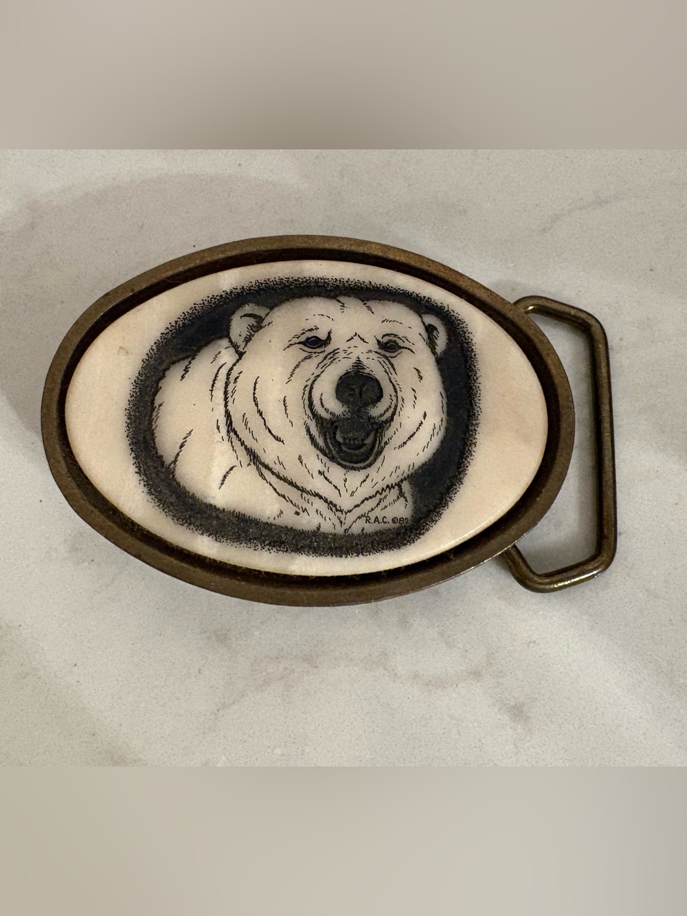 Vintage Polar Bear Oval Belt Buckle - Faux Marble RAC 82